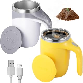Paquete de 2 tazas de viaje de mezcla automática, acero inoxidable 304 con barra adsorbente, color blanco y amarillo