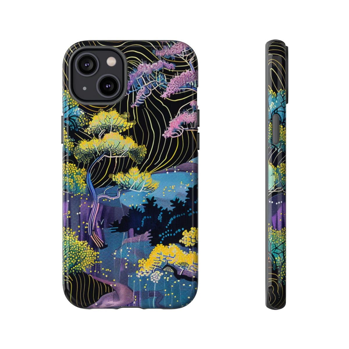 Coque iPhone 14 Plus rigide arbre abstrait coloré noir housse de protection fine et durable