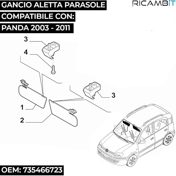 Gancio Aletta Parasole Compatibile con Fiat Panda 2003 – 2011 | Ricambio Supporto Parasole Interno Auto 735411088 - 2
