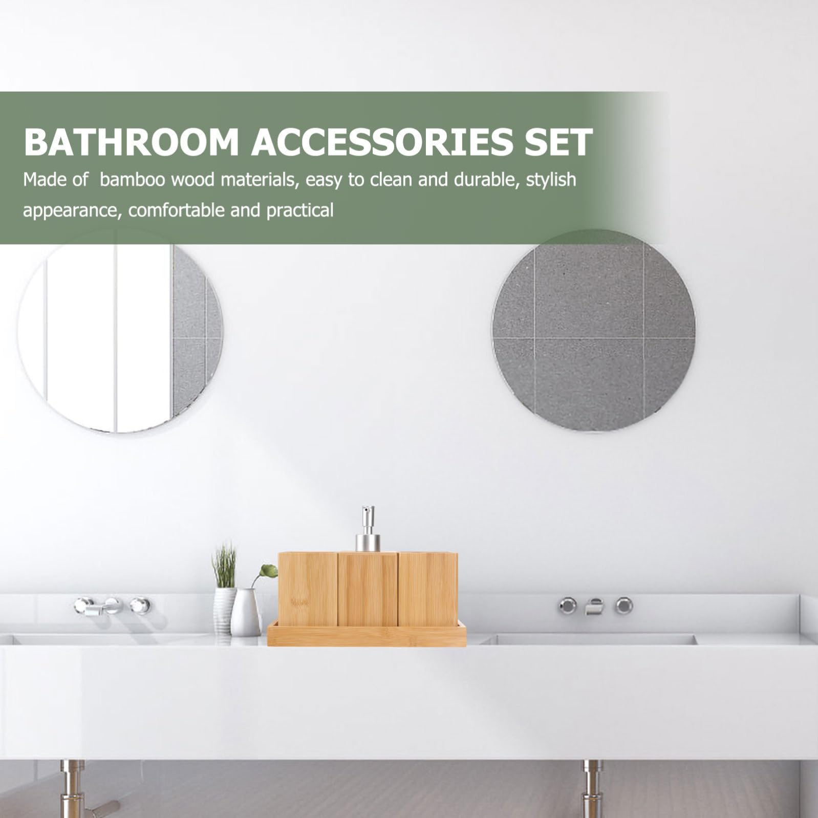 Set Accessori Bagno in Bambù 4 Pezzi in Ceramica e Legno | Portaspazzolino, Portasapone e Barattolo Cotone, Finitura Marrone e Argento, Stile Moderno per Lavabo