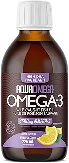 AquaOmega High DHA Omega-3 Liquid with EPA and Vitamin D - Wild Caught Omega 3 Fish Oil -4500mg Omega 3 Supplements - Supports Brain Function, Heart Health and Immune Function - 225ml Lemon