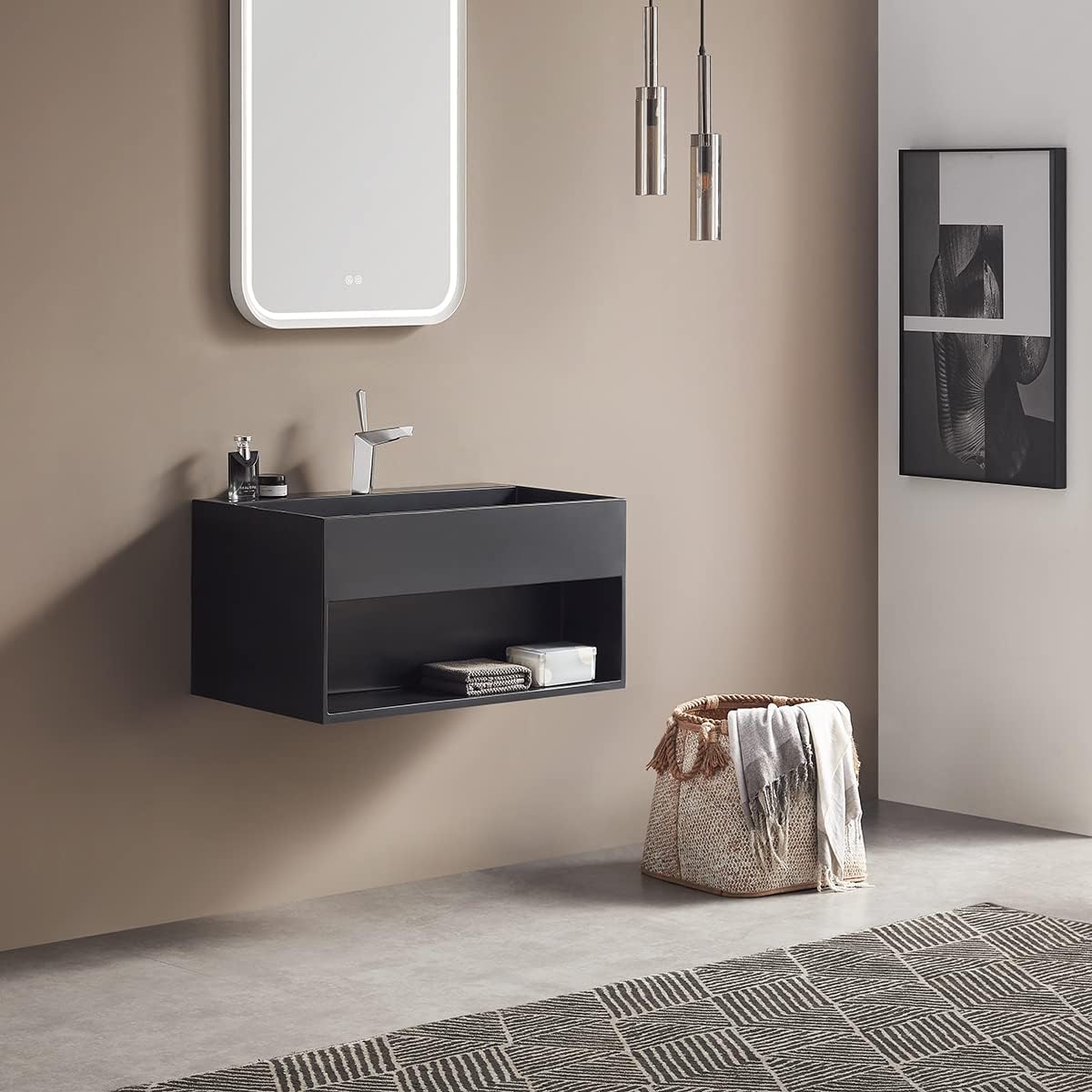 Serene Valley Bathroom Floating Vanity, 32" Wall-Mount Sink with Built-in Towel Space, Solid Surface Material in Matte Black, SVWS607-32BK