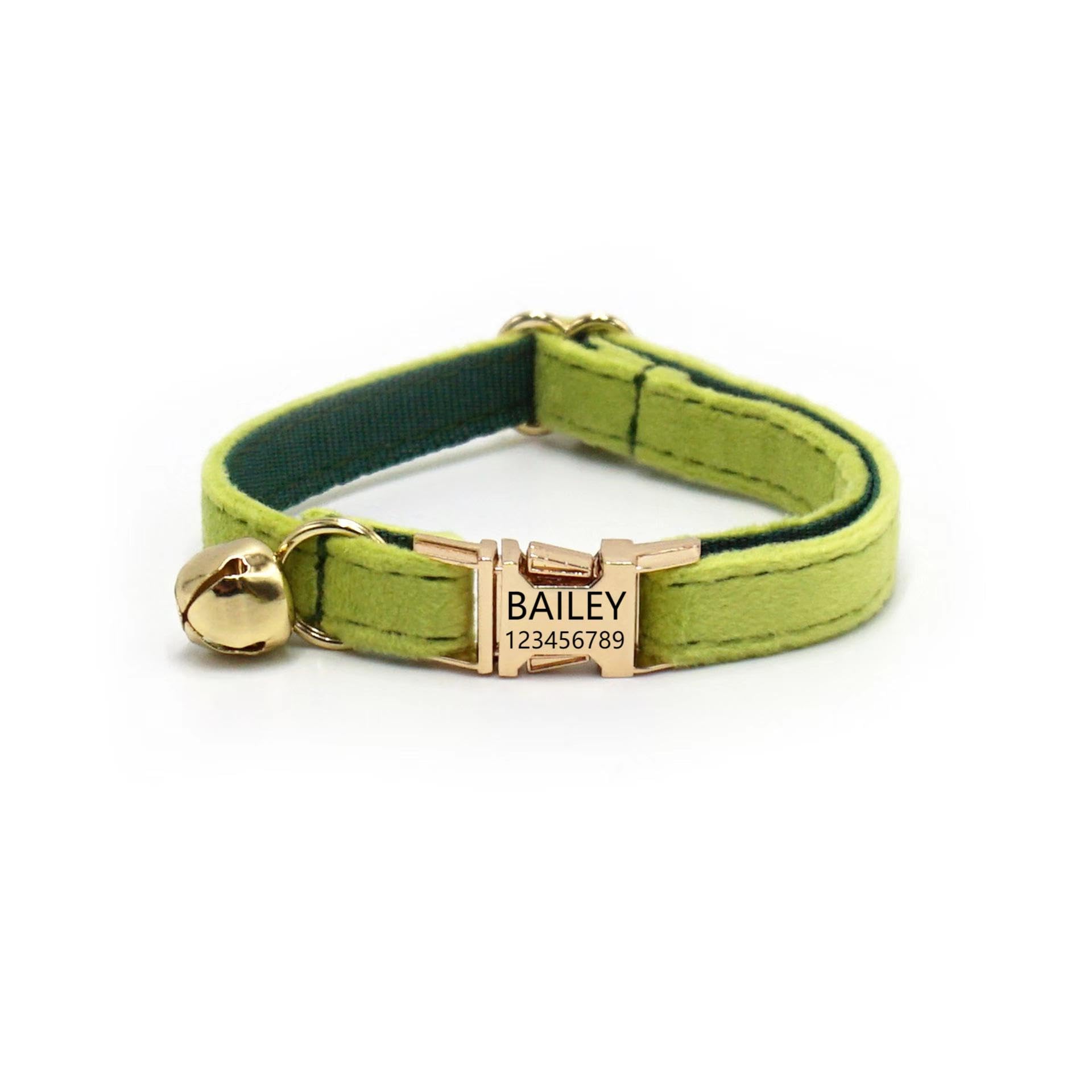 Customized Soft Artificial Velvet Cat Collar, Personalized Cat Tag, Laser Engraved Metal Button Cat Collar, Neck Circumference 0.6-1.2 inches (Avocado)