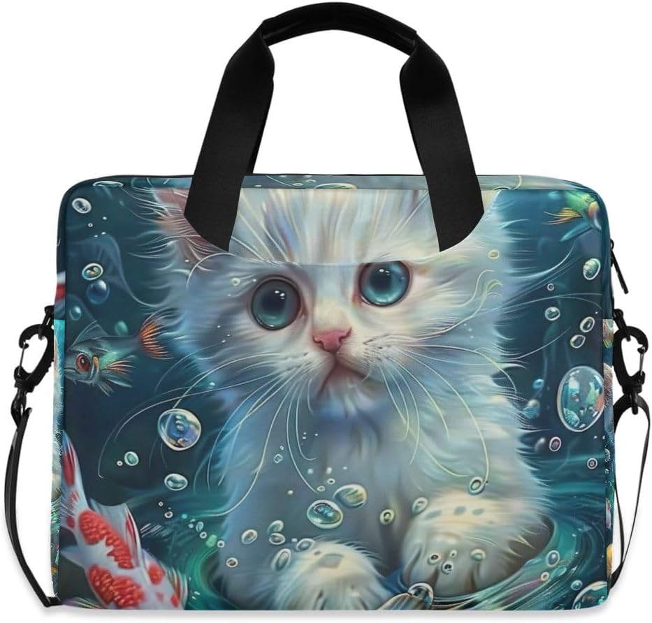 Cat Flowers on White Laptop Bag 15.6 Inch Laptop Tablet Briefcase for Work Travel