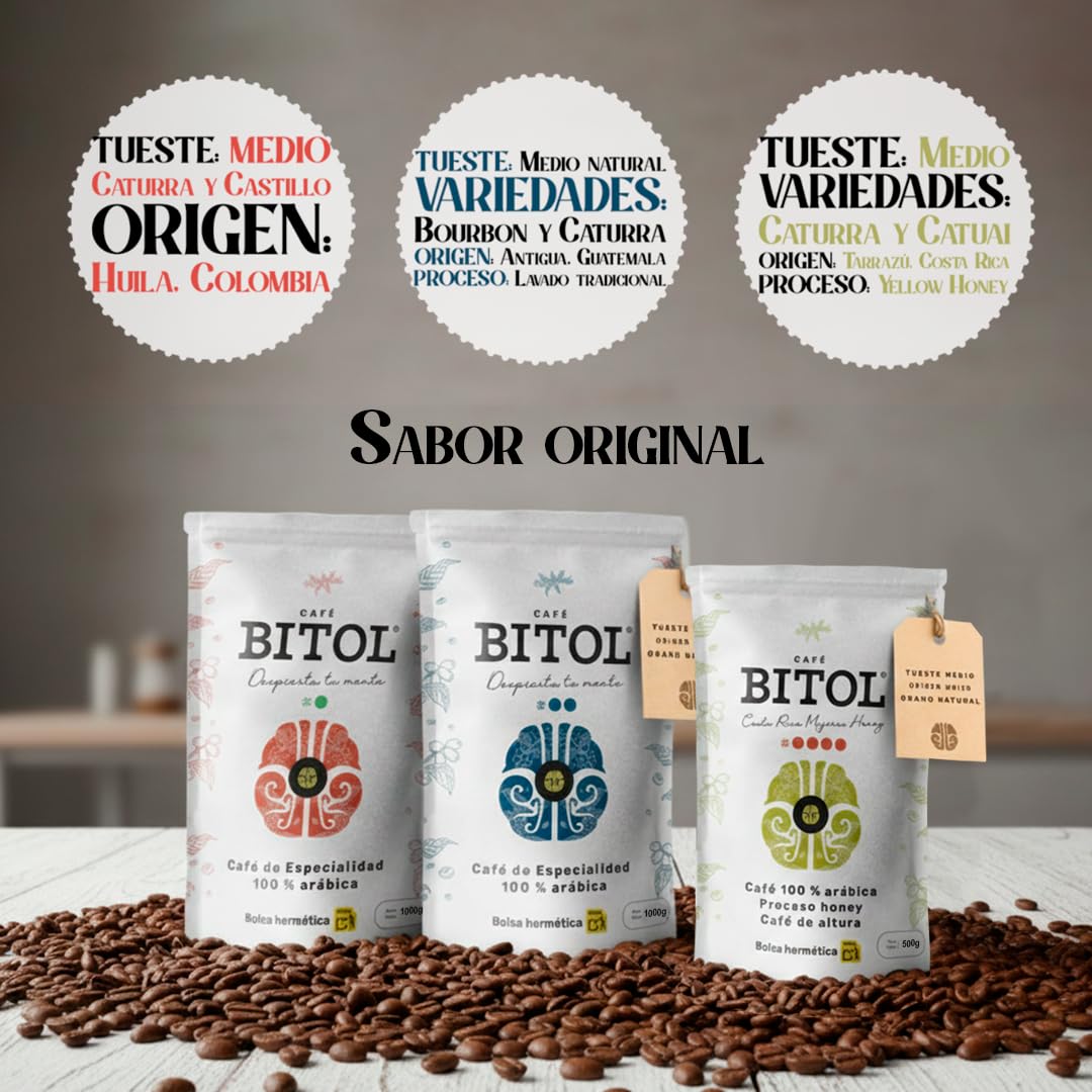 BITOL COFFEE | Pack de 3 Cafés de Especialidad en Grano Natural | Guatemala Antigua + Costa Rica Yellow Honey + Colombia Huila Supremo | Café Gourmet Tueste Medio | Arábica de Origen Único | 2500 gr