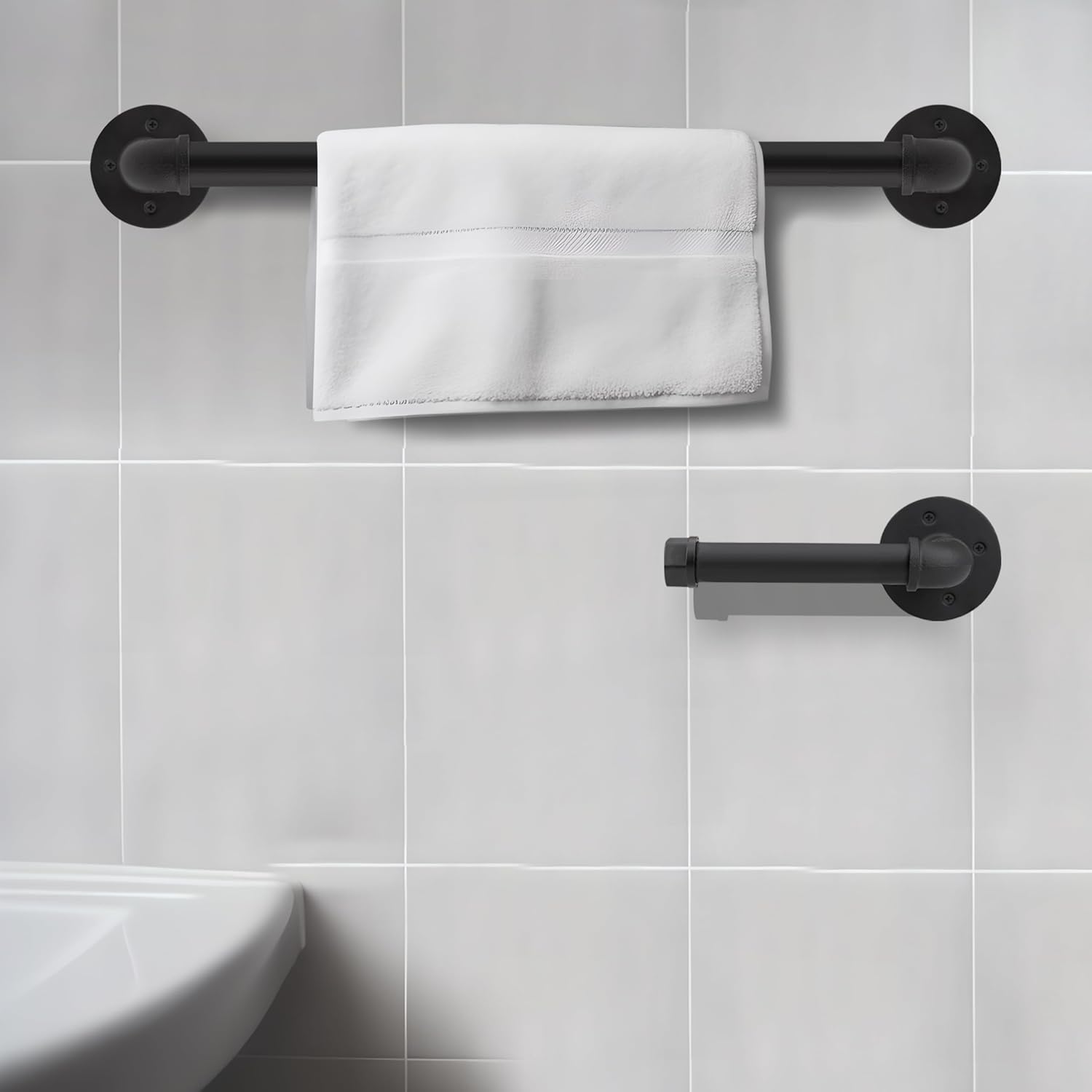 18in Industrial Pipe Bathroom Hardware 5 pcs in One Set Wall Mounted Bathroom Accessories Kit for Hand Towel Bar, Toilet Paper Holder, 3 pcs Robe Towel Hooks, Matte Black