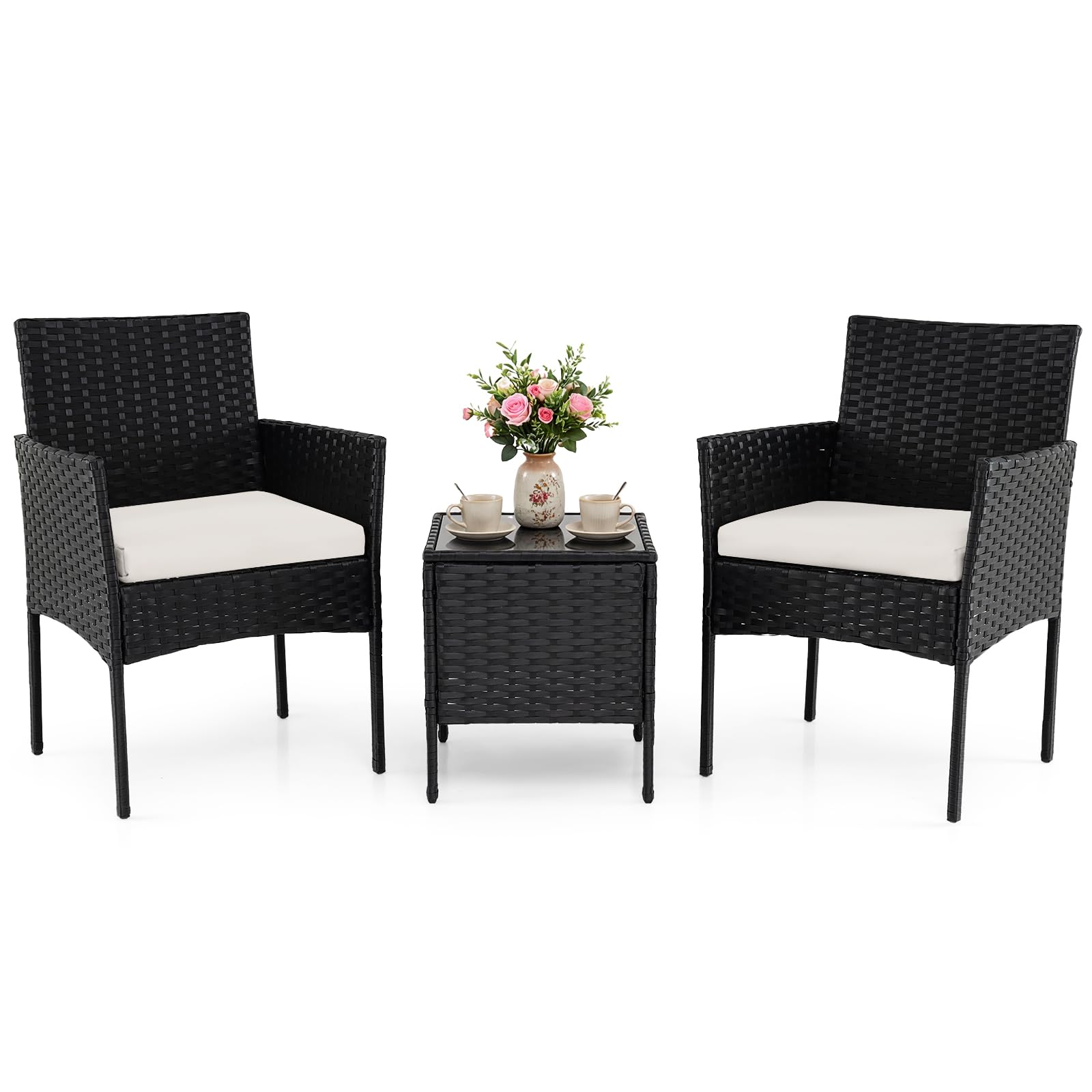COSTWAY 3-Piece Patio Bistro Set, PE Rattan Furniture Set with Soft Cushions & Tempered Glass Top Table, Outdoor Furniture Wicker Conservatory Set for Patio, Balcony (Black+Beige, 56 x 56 x 81cm)