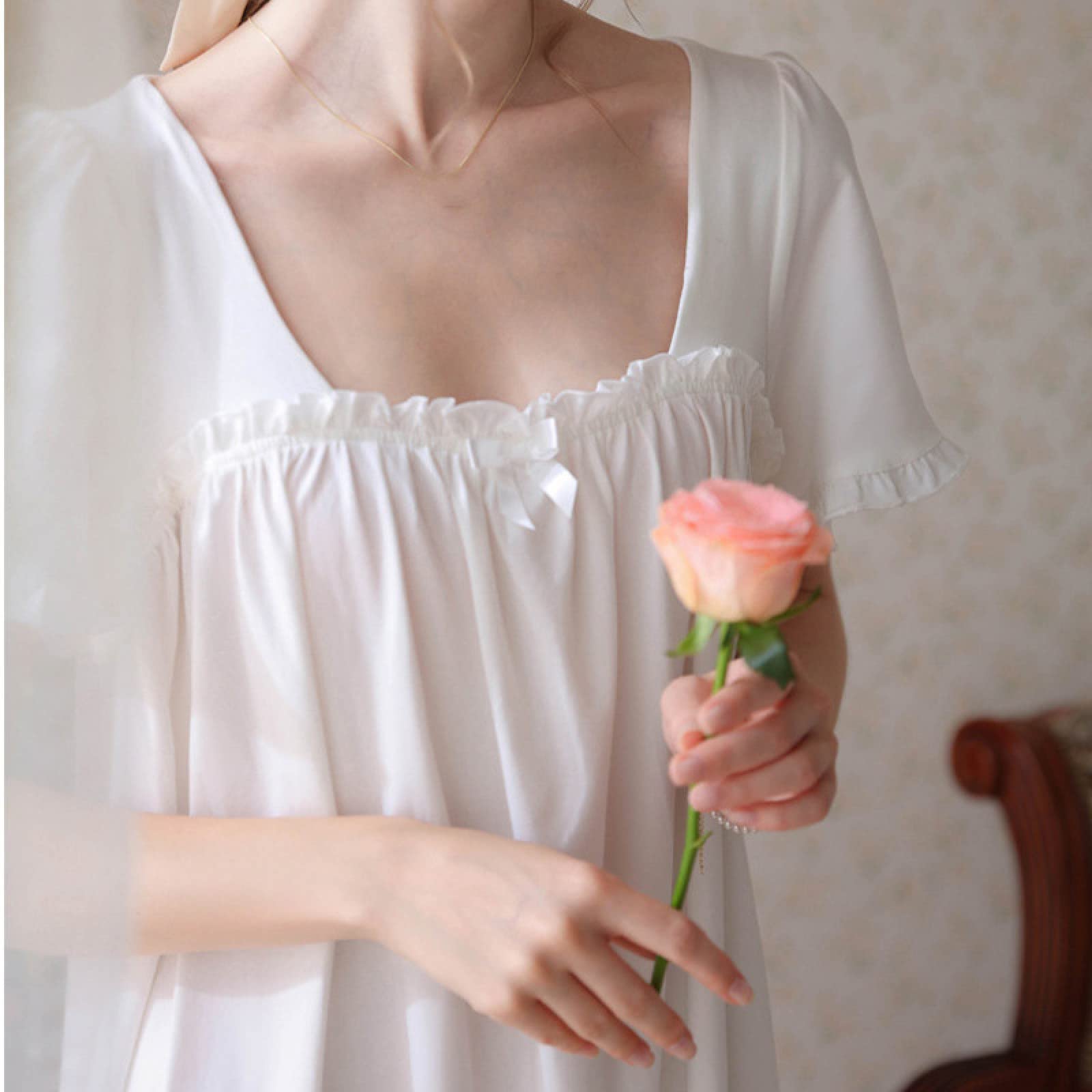 OFFSUM Camisón De Pijama De Mujer - Verano De Longitud Media Cuello Cuadrado Elegante Algodón Encaje Manga Corta Color Sólido Camisón Estilo Princesa Pijama Loungewear