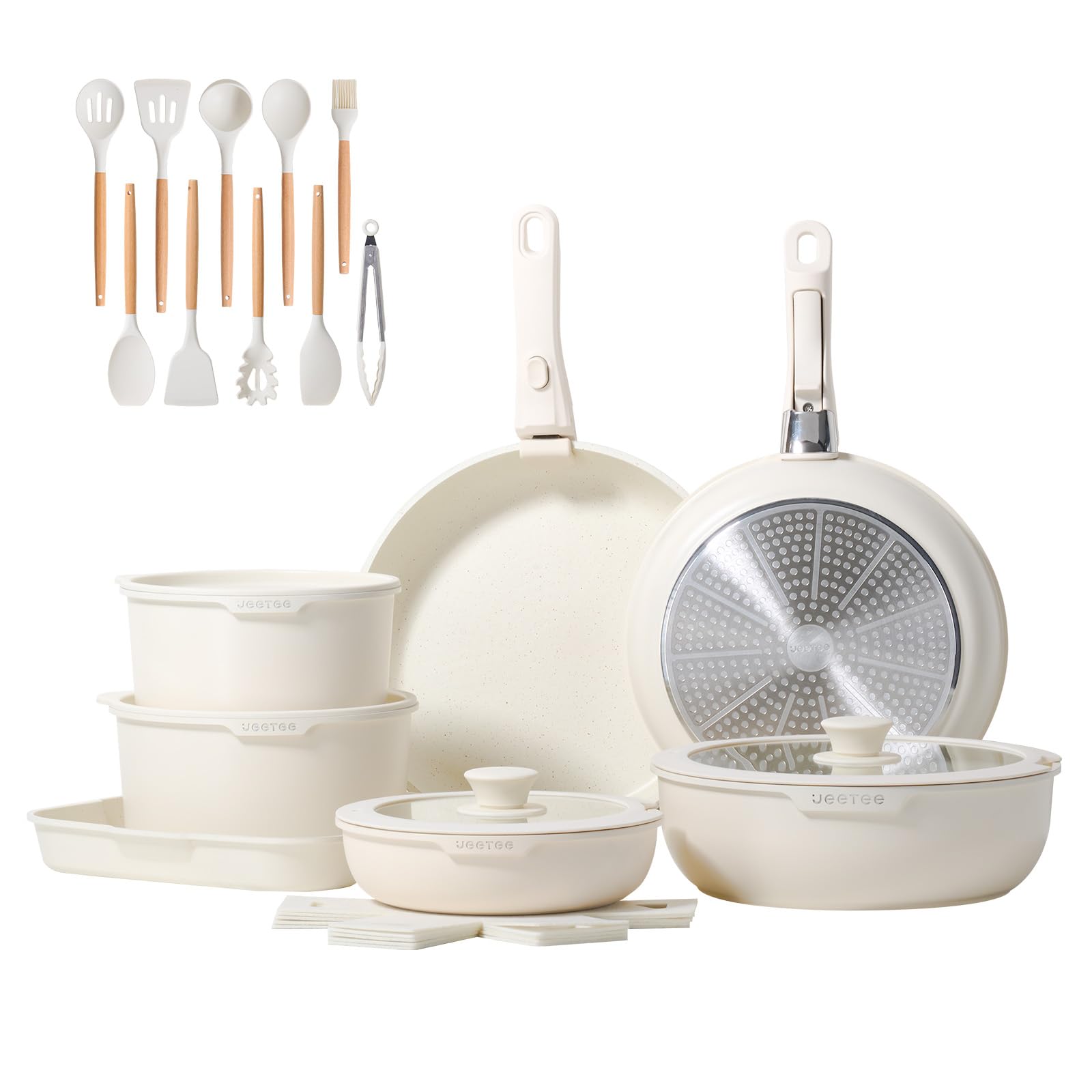 JEETEE Topf und Pfannensets mit abnehmbarem Griff 28-Teilig, Antihaft Pfanneset, Topfset Induktion, Kochtopf Set mit Deckel und Messer, Alle Herde kompatibel, PFOS/PFOA frei, Beige