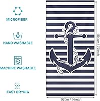 Vista 4 de Nautical Anchor - Toalla de playa con rayas horizontales azul marino, 36 x 72 pulgadas, microfibra de secado rápido y libre de arena, para viajes