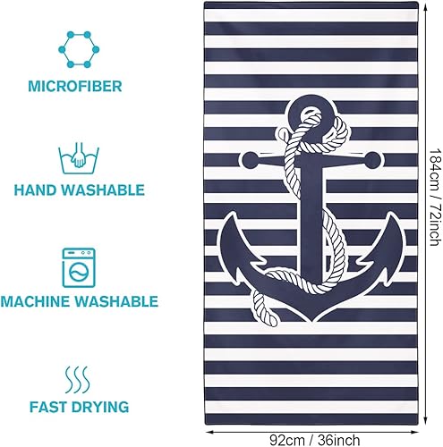 Miniatura 4 de YISUMEI Nautical Anchor - Toalla de playa con rayas horizontales azul marino, 36 x 72 pulgadas, microfibra de secado rápido y libre de arena