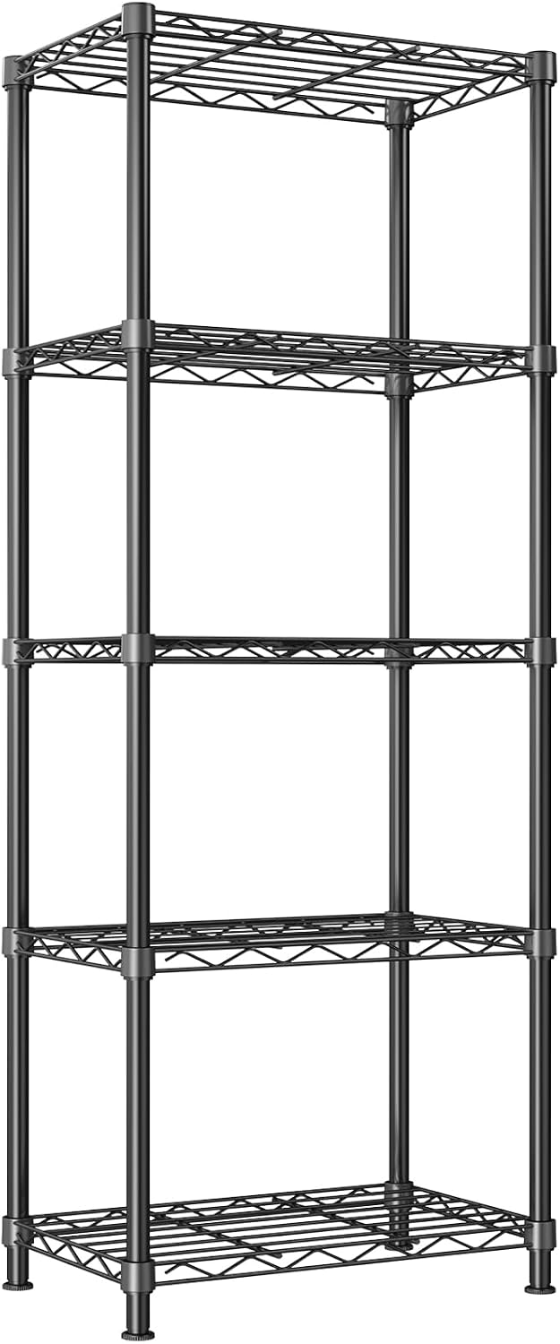 Sakugi Wire Shelving - 5-Tier Storage Rack with Leveling Feet, Robust Metal Shelves, Easy-to-Assemble Shelf for Pantry, Laundry, Kitchen, 15.7" x 9.8" x 55", Black