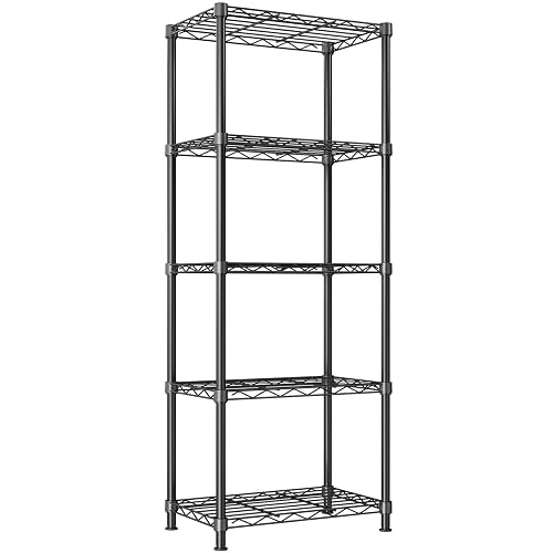 Sakugi Wire Shelving - 5-Tier Storage Rack with Leveling Feet, Robust Metal Shelves, Easy-to-Assemble Shelf for Pantry, Laundry, Kitchen, 16" x 10" x 55.1", Black