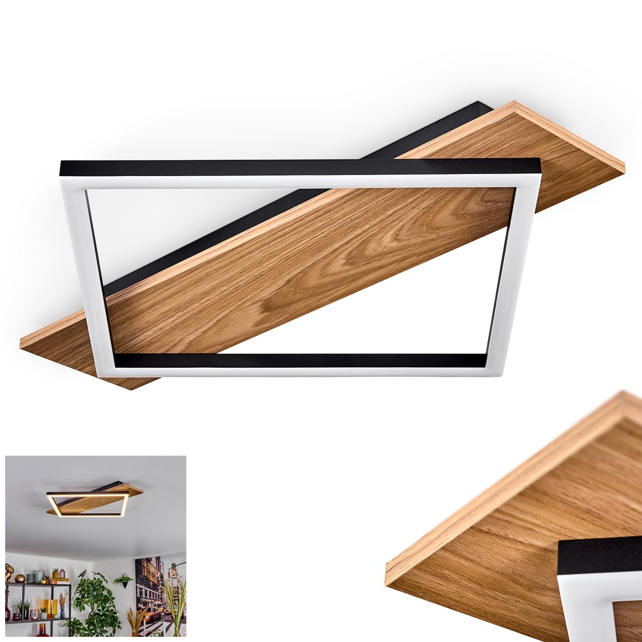 Plafonnier LED Cabanas HOFSTEIN, plafonnier en métal/plastique noir/aspect bois/blanc, luminaire au design moderne, 18 watts, 1850 lumens, salle à manger, salon, chambre à coucher, cuisine
