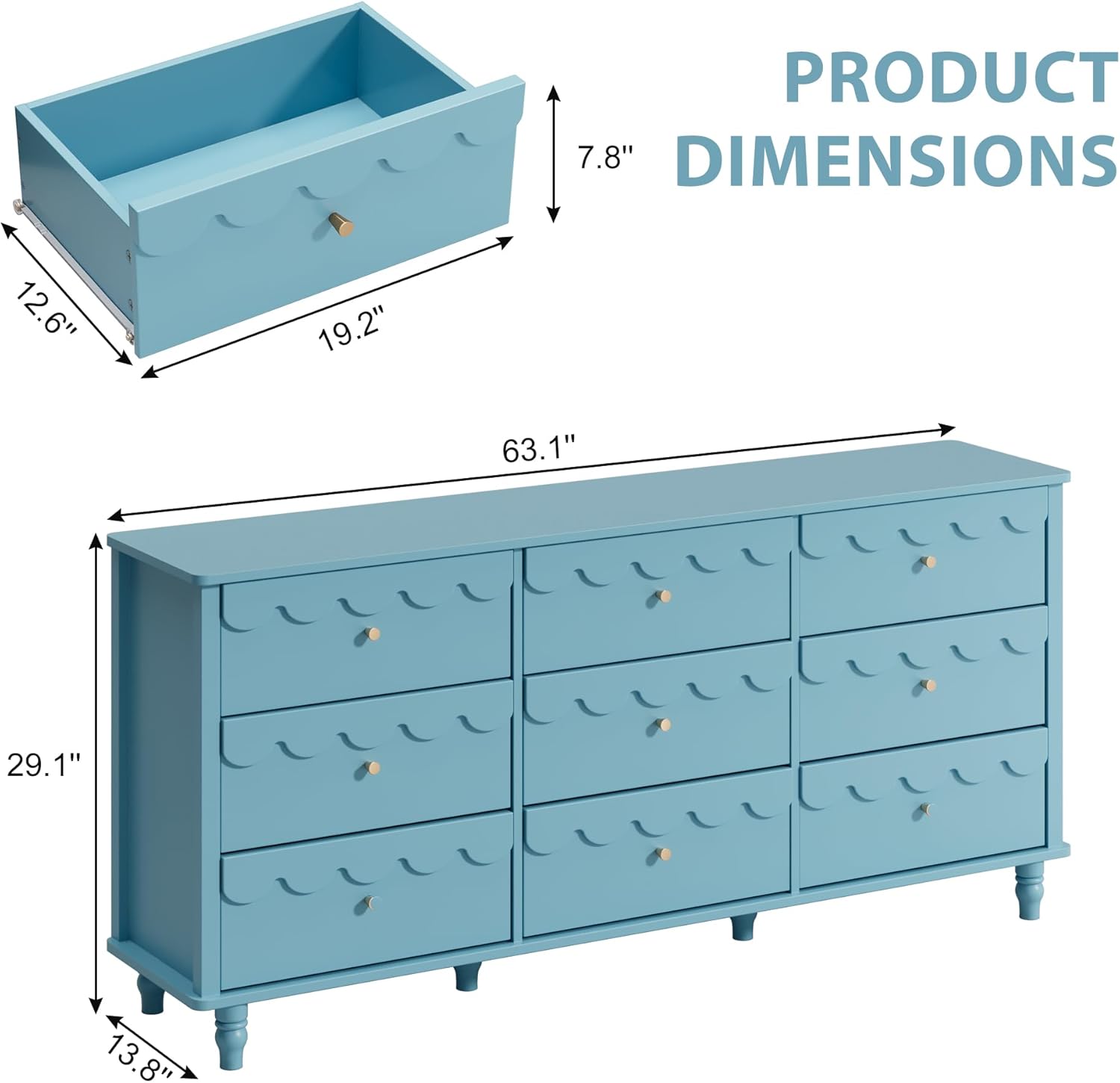 Diagram showing the dimensions of the Anbuy Scalloped 9 Drawer Dresser, including overall width, depth, height, and individual drawer dimensions.