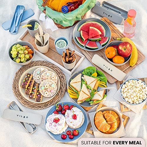 VILAO Camping Dinner set - Unbreakable Dinner Set with Plates, Bowls, Cups, Cutlery (28 pcs)  Dishwasher and Microwave Safe Lightweight Dish Set - Perfect for Picnic, Campervan, Kids (4 Color)