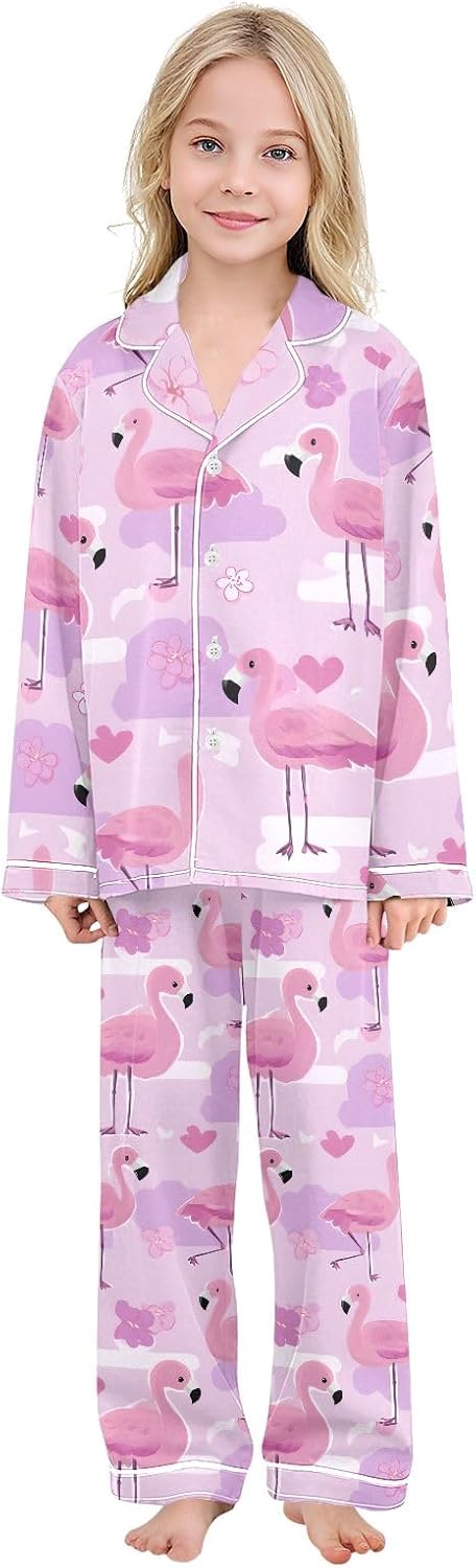 Kids Casual Satin Wear Set Purple Flamingo Heart Pattern Unisex Relaxed Fit Clothing
