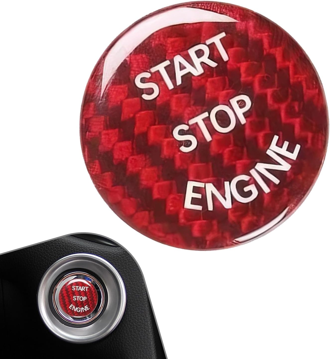 Car Push Start Button Cover, Carbon Fiber Engine Start Button Protector, Car Start Stop Switch Interior Decoration Accessories, Universal for Most Vehicles (Red)