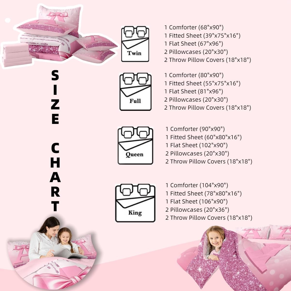 Erosebridal Personalized Initial A Bed in A Bag Queen Size, Kids Pink Bowknot 7 Pieces Bedding Set Princess Glitter Comforter Set with Sheets Boys Girls Girly Coquette Bow Alphabet Teens Bed Set