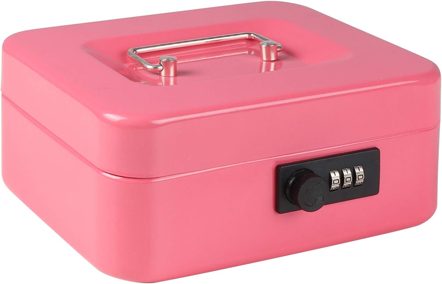 Cash Box with Combination Lock, Safe Metal Small Locking Box with Money Tray, 7 4/5" x 6 4/5" x 3 3/5", Pink
