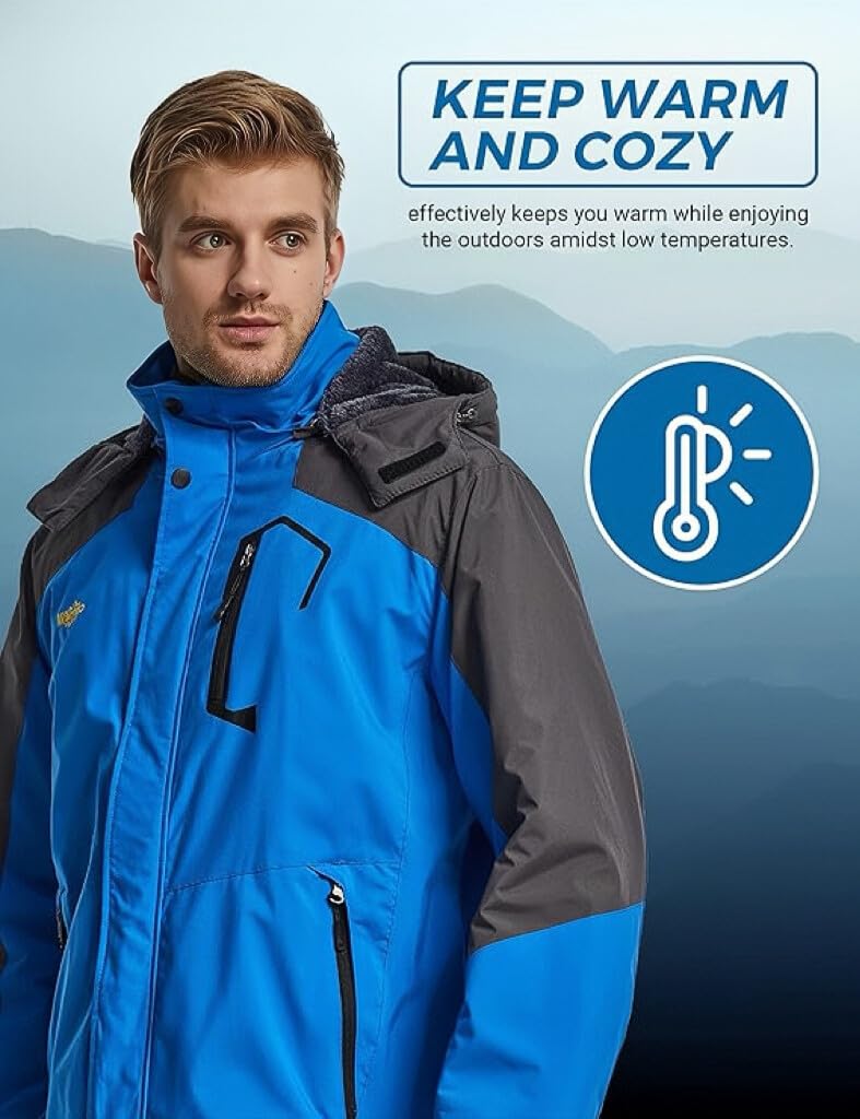 Wantdo Giacca da Sci Montagna Calda Invernale Parka da Neve Imbottita Cappotto da Snowboard in Pile Giubbotto con Cappuccio Impermeabile Uomo