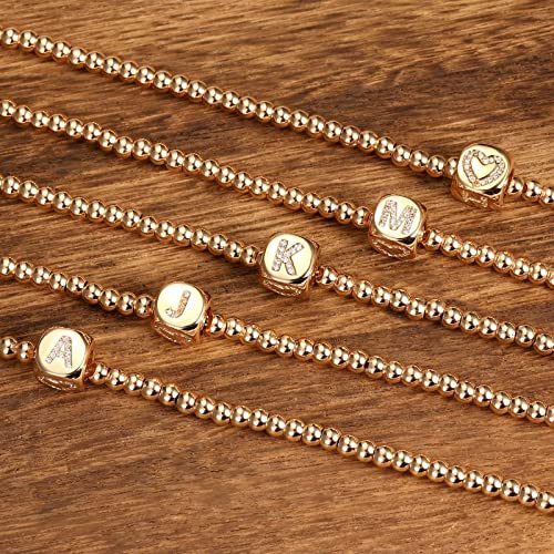 Personalized Gold Initial Bracelets For Women Girls, 14K Gold Filled Charm Initial J Bracelet Adjustable Beaded Bracelet Dainty Gold Initial Bracelets Jewelry For Women Teen Girls Valentines Day Gifts #TOP3