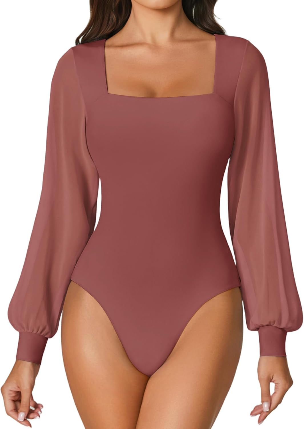 Avidlove Women Puff Long Sleeve Bodysuit Mesh Square Neck Thong Sexy Body Suits Double Lined Leotards