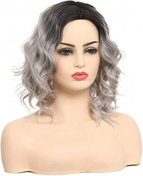 POWHA Short Gray Curly Wig Mixed Gray Wavy Wigs for Women Synthetic Hair Natural Daily Party Wig, size