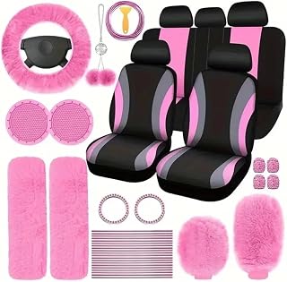 Elegante juego de accesorios de lana sintética para coche con fundas para un estilo único en el interior de cualquier vehículo (rosa)