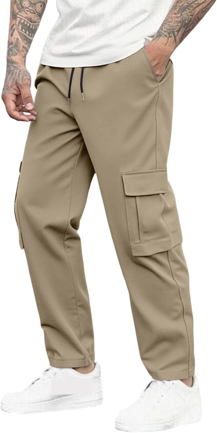 WENKOMG1 Men's Cargo Pants, Casual Outdoor Hiking Tactical Drawstring Work Pants with Pockets, M-3XL