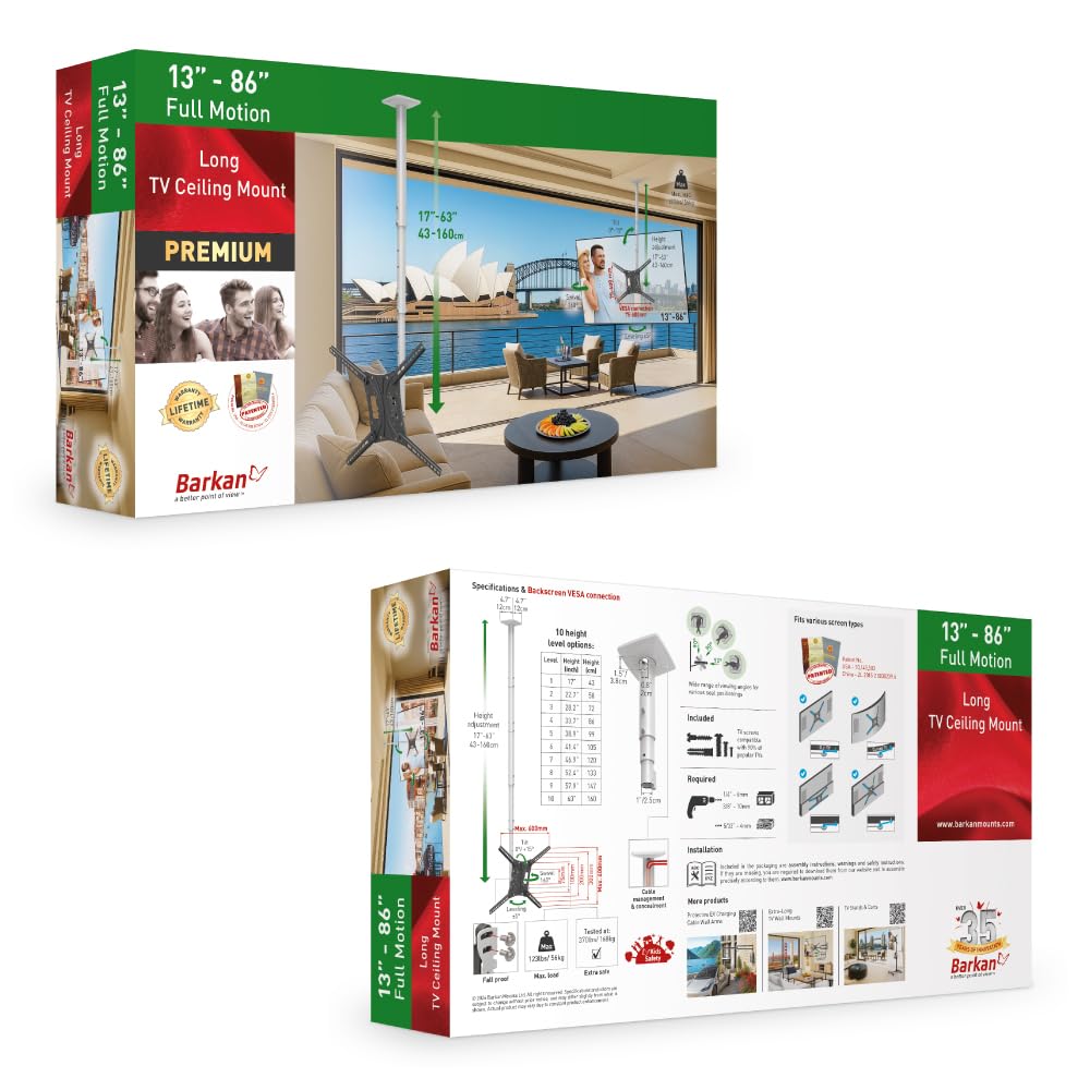 Barkan Soporte de TV de Techo, 160cm de Largo Blanco Giratorio e inclinable para Pantallas de 13-86 Pulgadas, Peso máximo 43Kg, Ultra Extensible, para LED OLED LCD, hasta VESA 600x400