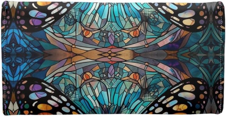 Monarch Butterfly PU Leather Trifold Wallet for Women, Stained Glass Butterfly Handcrafted Stitching Ladies Credit Card Holder Modern Art Zipper Pocket Long Wallet - Image 3