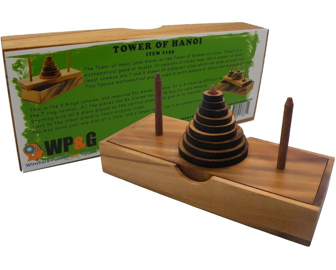 Tower of Hanoi 9 Rings Wooden Puzzle Brain Teaser Logic Game Tower for IQ Challenge and Thinking for Learning and Fun.
