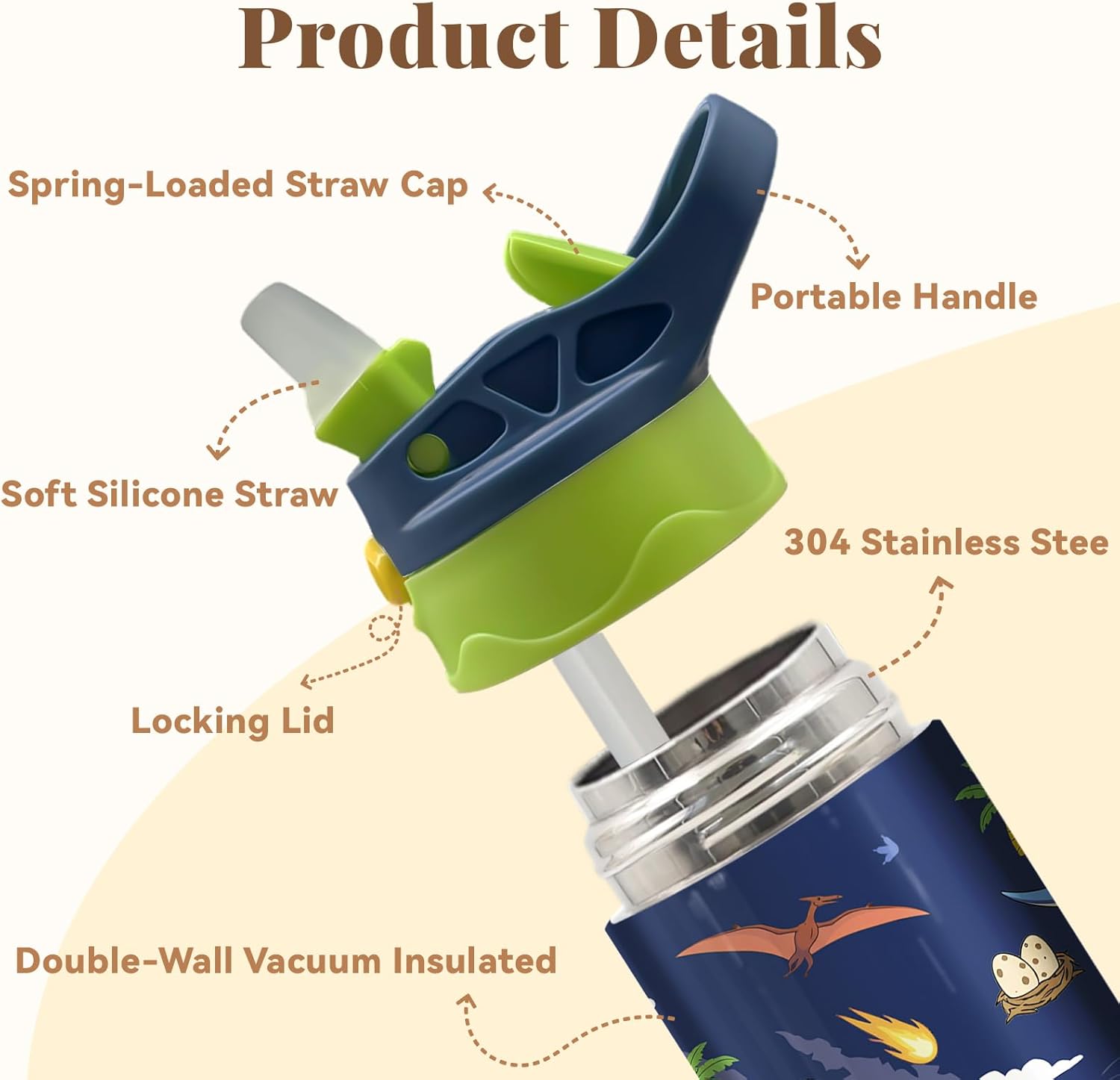 Dinosaur Gifts for Boys Girls - 12oz Kids Water Bottle with Straw, Dino Stainless Steel Water Bottle, Insulated, Leak-proof, BPA-free, Pop-up Straw Lid, for School - Children Birthday Gift Cup(1pc) - Image 3