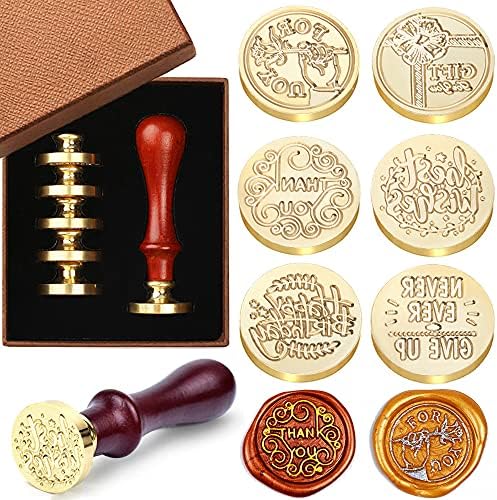 Wax Seal Stamp Set, 6 Pieces Sealing Wax Stamps Copper Seals 1 Wooden Handle, Wax Stamp Kit for Cards Envelopes, Invitations, Wine Packages (Blessing Phrases Series)