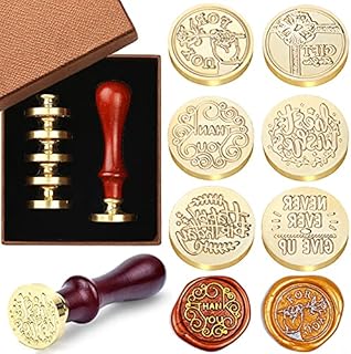 Wax Seal Stamp Set, 6 Pieces Sealing Wax Stamps Copper Seals 1 Wooden Handle, Wax Stamp Kit for Cards Envelopes, Invitations, Wine Packages (Blessing Phrases Series)