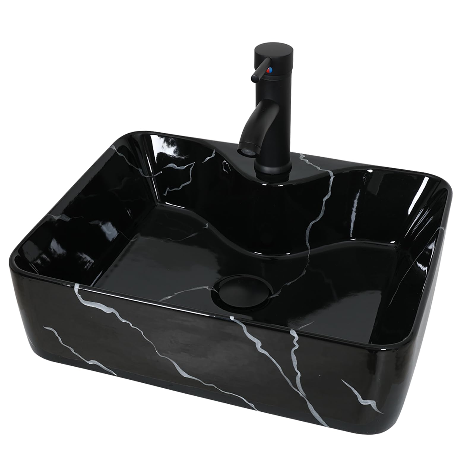 YU YUSING Lavabo Sobre Encimera con Grifo, Lavabo Baño de Cerámica 48x38x13.5 cm, Lavabos de Lujo para Baño, Cocina, Aseo de Invitados, Tocador, Moderno Negro, Rectangular