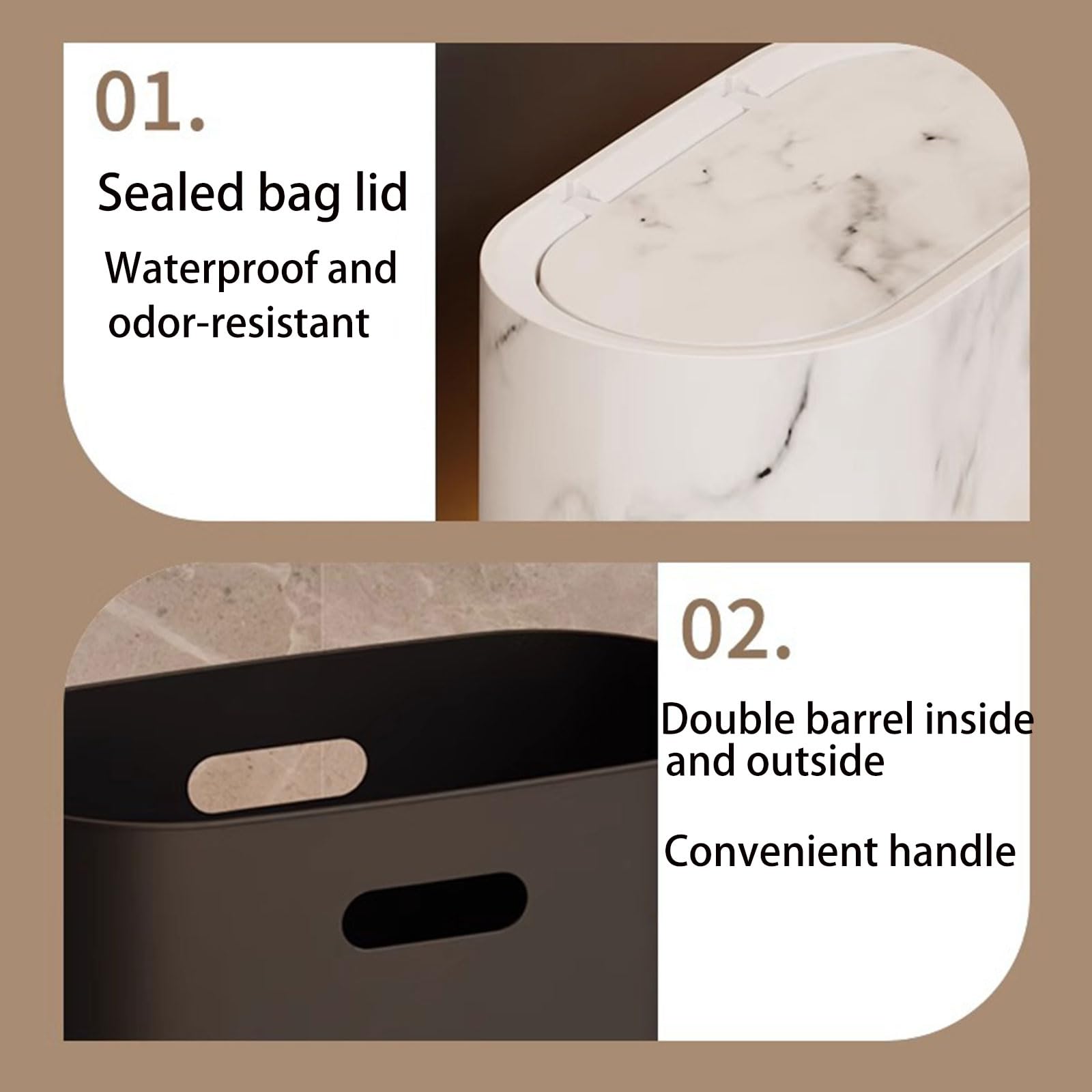 Cubo de basura de baño pequeño con tapas, de plástico mármol y madera - Cubo de basura con tapa para baño - Moderno cubo de basura para el hogar, interior y