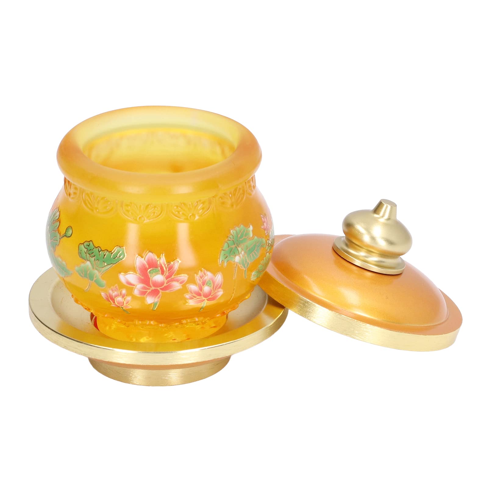 Gsycle Worship Cup, Gold Buddha Water Cup Holy Water Cup Colored Glaze Holy Water Offering Cup with Flower Pattern and with Tray for Temple