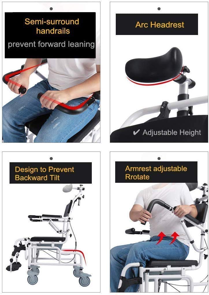 Fotel prysznicowy Tilt-in-Space Commode – mobilne krzesło 4 w 1 z podnoszonymi podłokietnikami, podnóżkami, regulowanym zagłówkiem i wiadrem komody
