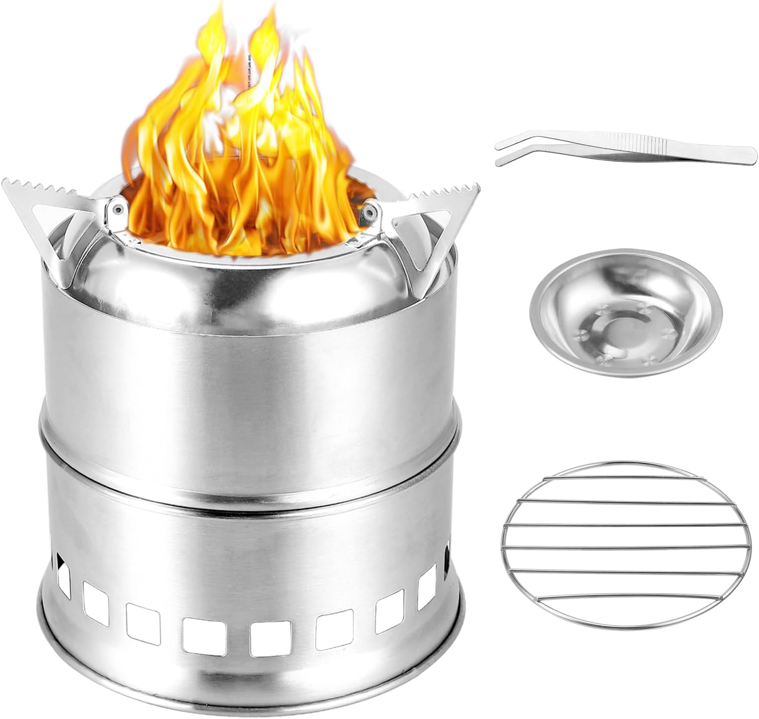 VINTEAM Camping Stove, Stainless Steel Backpacking Stove Portable Wood Burning Stoves for Picnic BBQ Camp Hiking with Carry Bag, Grill Grid, Blow Fire Tube and Tweezers