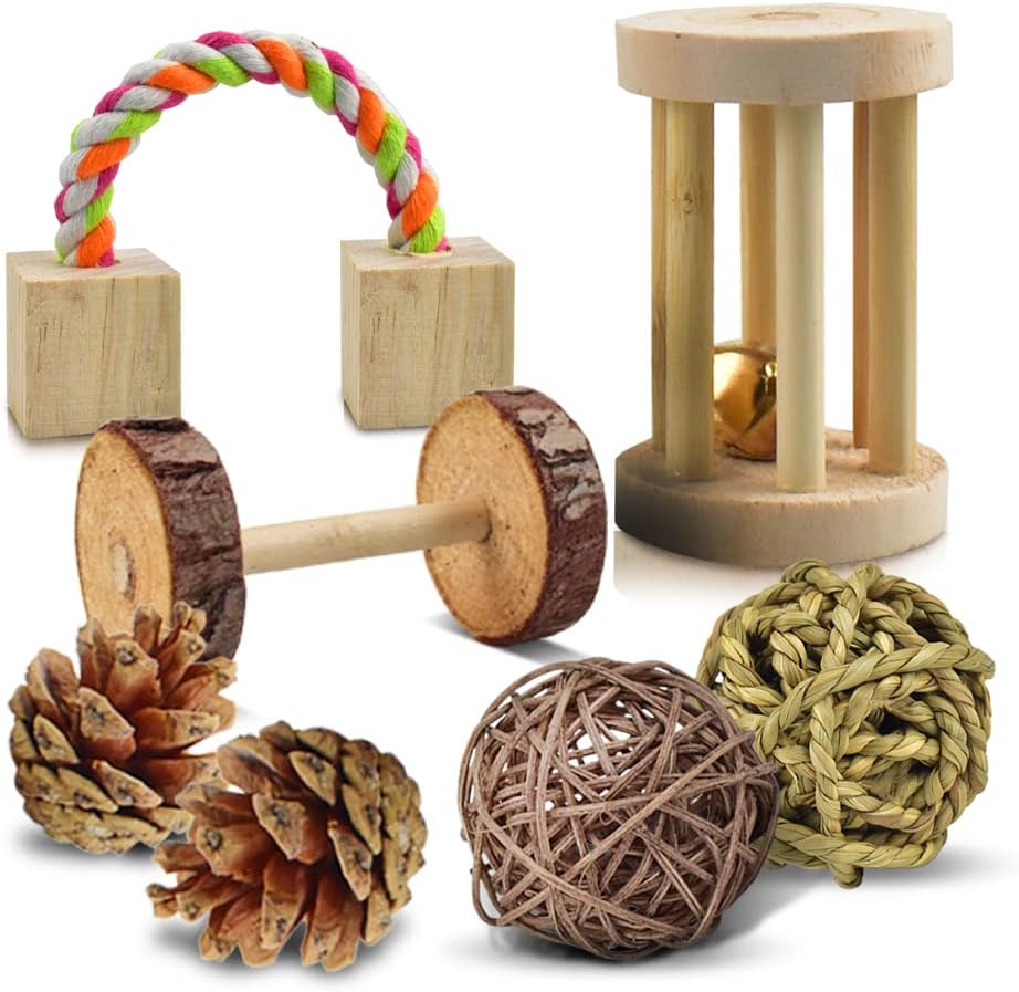 ERKOON 12 Pieces Hamster Chew Toy, Natural Rabbit Guinea Pig Wood Exercise Bell Roll Dental Care Molar Molar Molar Toy for Rats Chinchillas Toy Accessories - Image 5