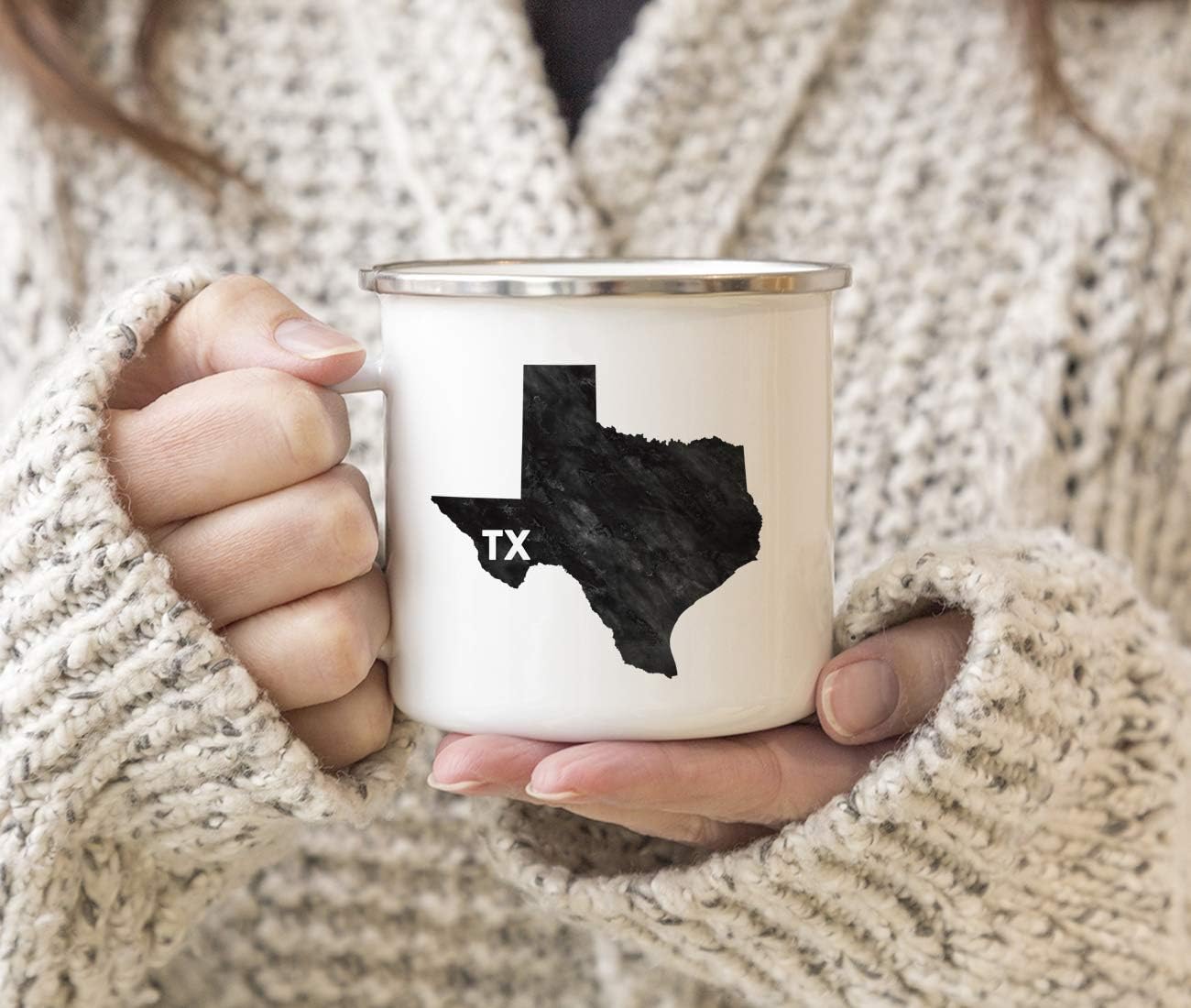 Andaz Press 11oz. US State Stainless Steel Campfire Coffee Mug Gift, Modern Black Grunge Abbreviation, Texas, 1-Pack, Metal Enamel Camping Camp Cup For Him Her Christmas Hostess Long Distance