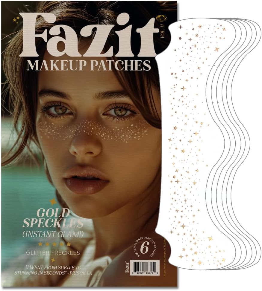 Fazit Makeup Patches - Gold - Face Glitter Makeup Speckles - Glow Up Makeup Patches - Face Glitter Speckles Patches - Cute Glitter Makeup Accessories for Women - Cosmetic Glitter for Face - 6 Count