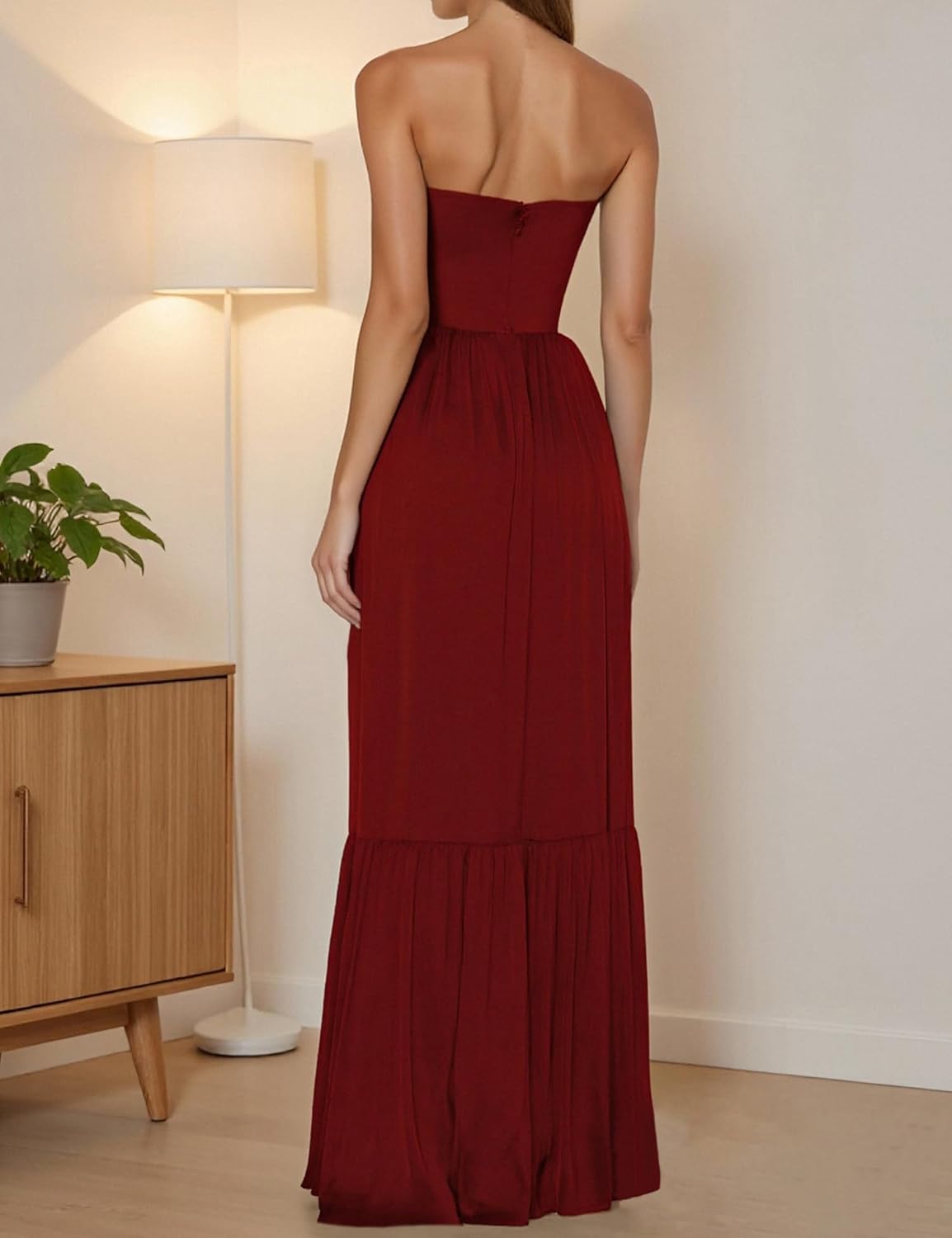 Azhong Women's Strapless Tube Maxi Dress Ruched High Waist Side Slit Beach Party Cocktail Long Dress - Image 2