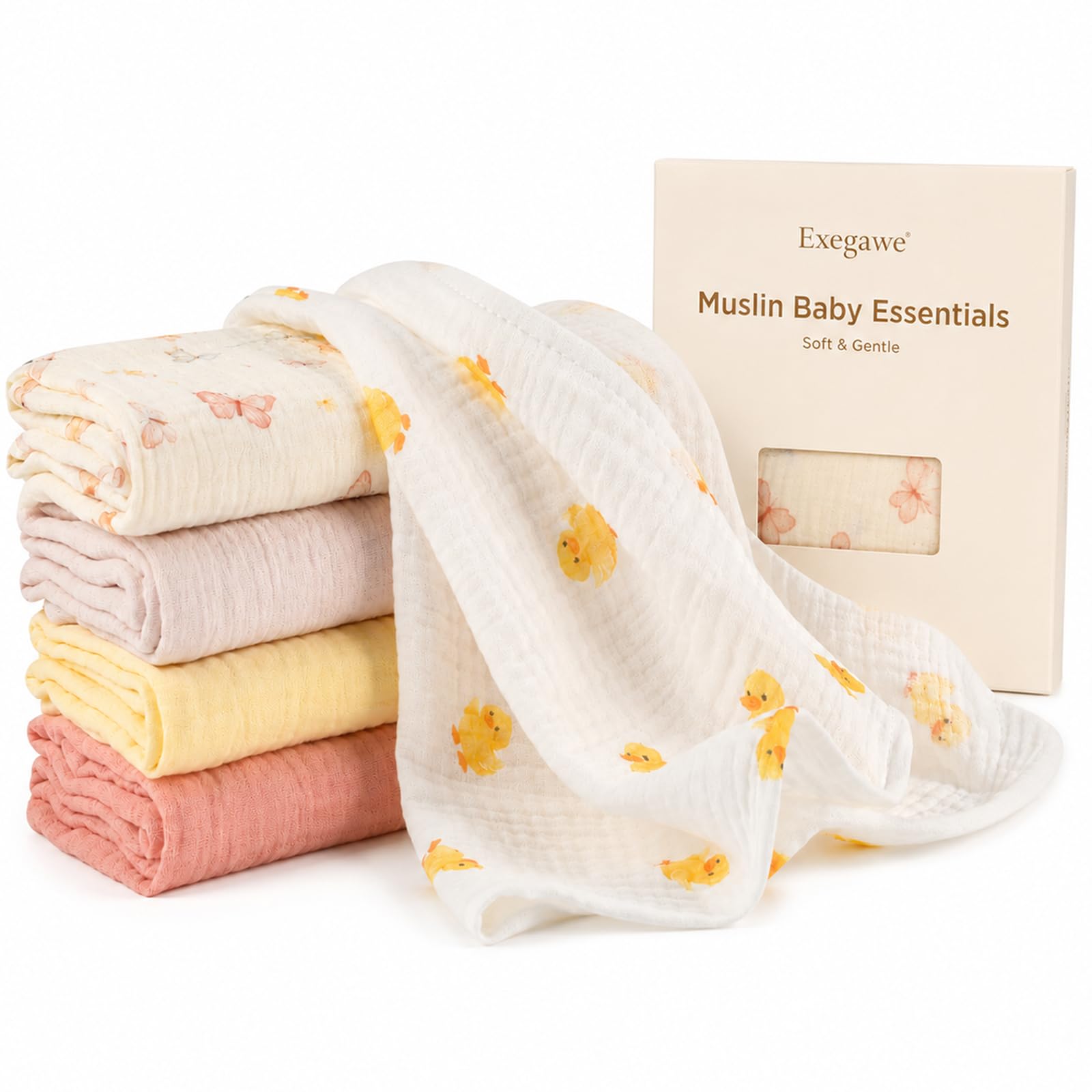 Exegawe Baby Muslin Cotton Squares Cloths 5-Pack, 60x60cm(Duck Set)
