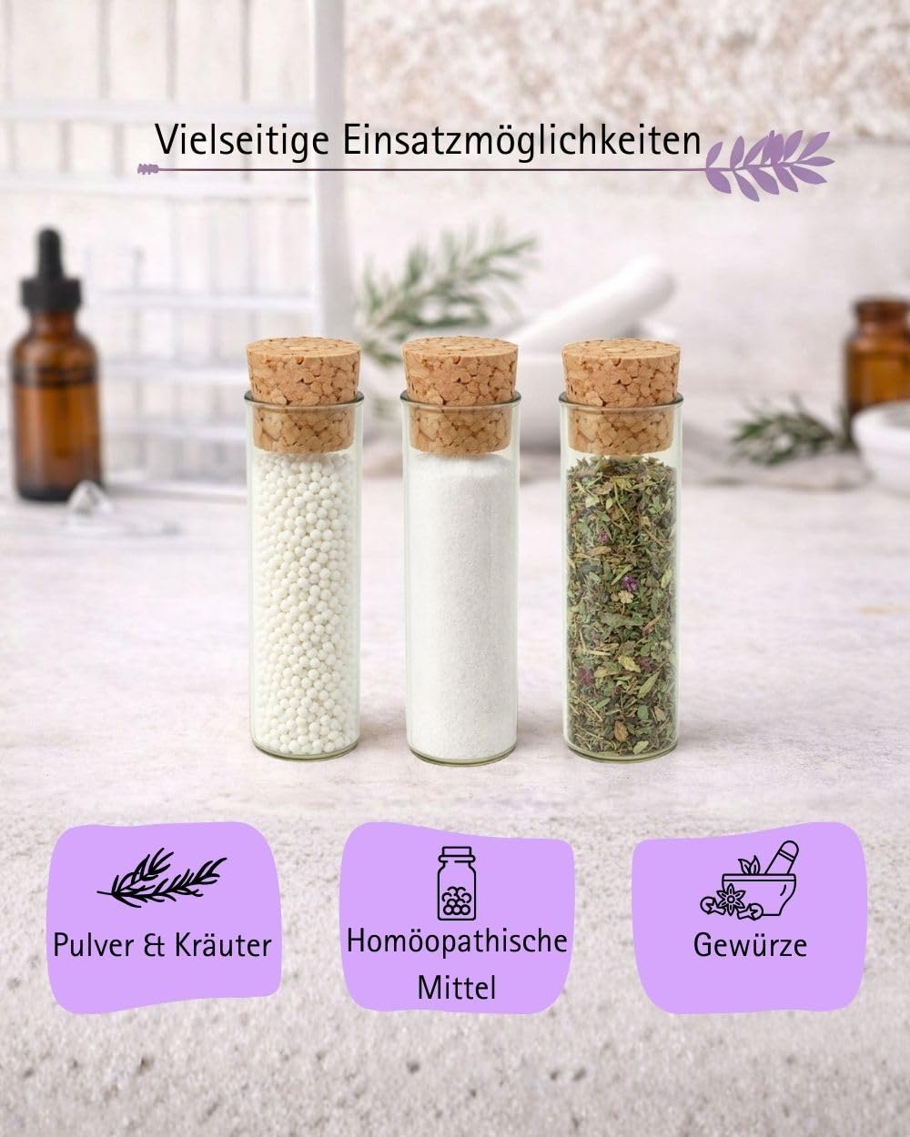 288 Stück Flachbodengläser | 50mm x Ø14mm | Globuligläser | transparente Laborgläser | Laborgefäß Klarglas | Reagenzglas stehend mit Natur Korkstopfen
