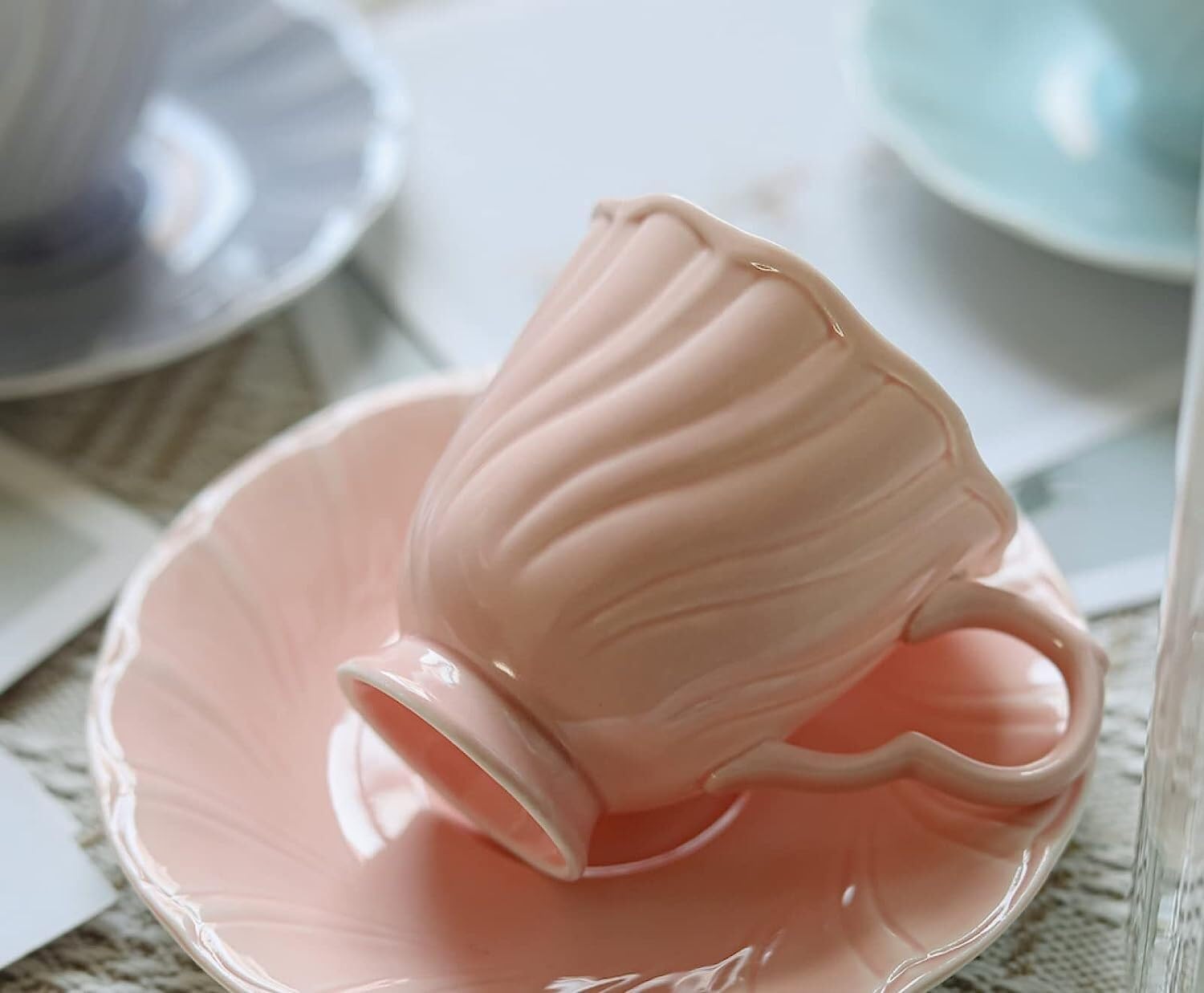 Coffee Cup,Tea Cups,Coffee Cup* Tea Cup and Saucer Set,Handmade Ceramic Coffee Mug Cup and Saucer Set Pink Texture Pottery Coffee Tea Cup and Saucer Set Plate Oat Milk Mu