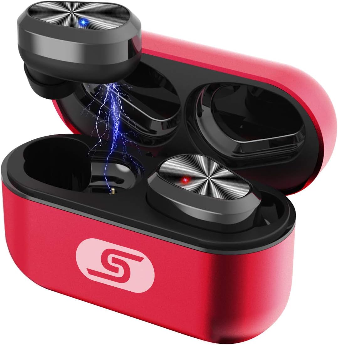 TWS Bluetooth 5.0 Wireless Earbuds Headset W5s True Wireless Earphones for iPhone/Samsung IPX7 Waterproof Smart Bluetooth Headphones Headsets with Patented Intelligent Metal Charging case(Red)