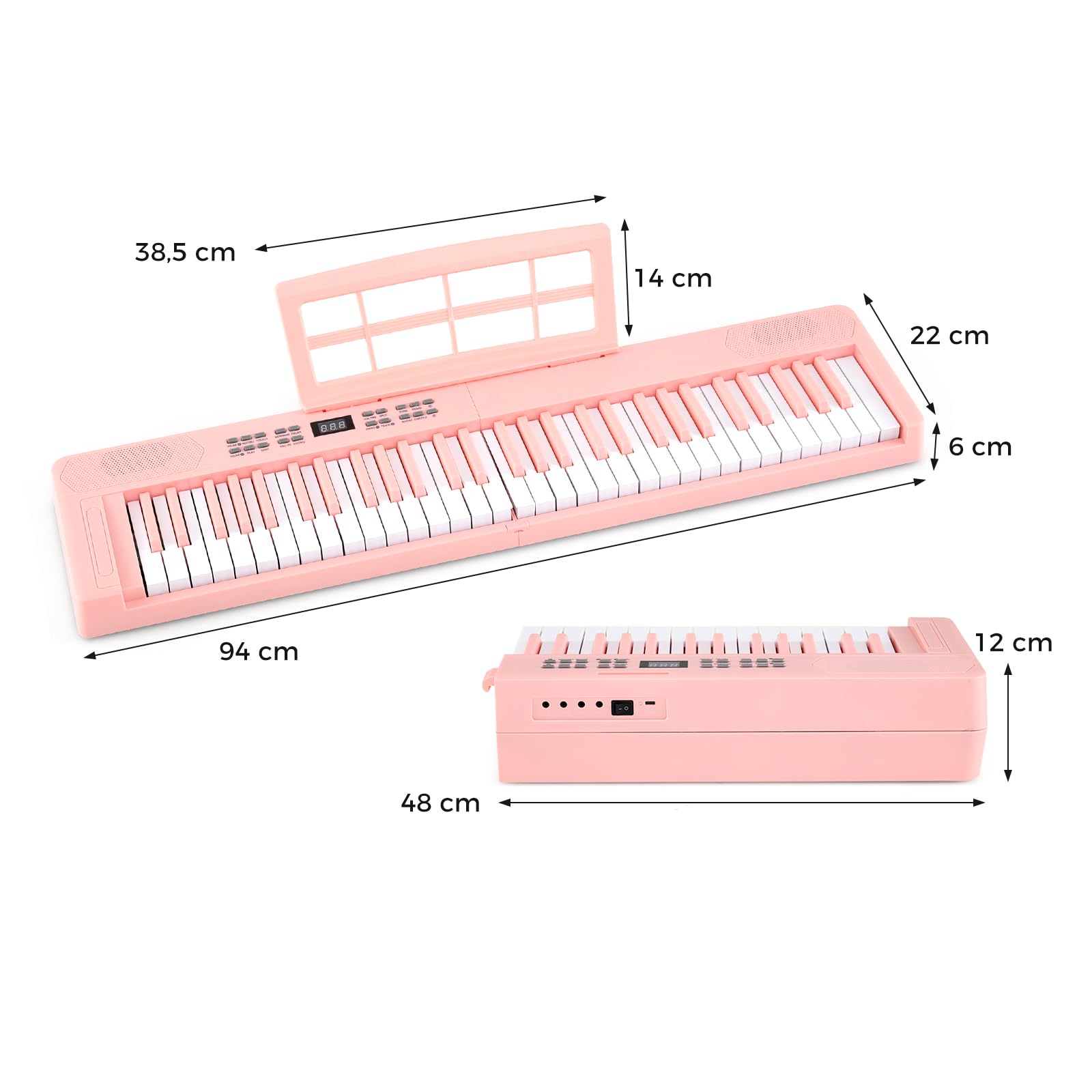 KOMFOTTEU Piano digital plegable con 61 teclas, piano con auriculares, pedal, atril y piano digital con 128 sonidos y ritmos, teclado de piano con funda (rosa)